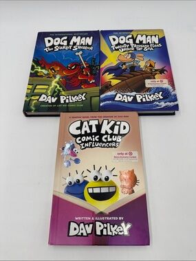 Dog Man & Cat Kid Bundle by Dav Pilkey - Blue, Purple, Beige Covers